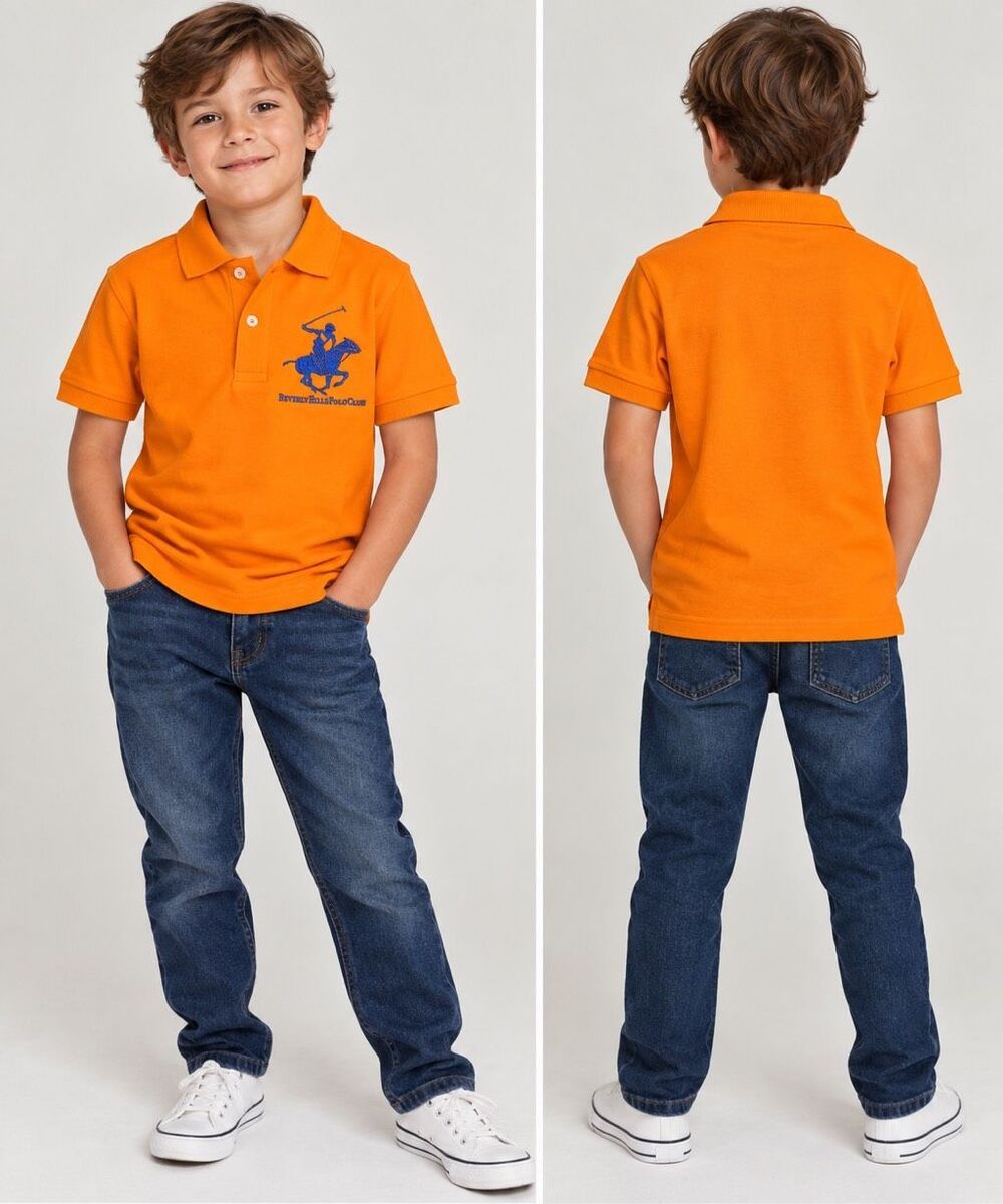 Beverly Hills Polo Club Boys Orange Polo Shirt Blue Embroidered Logo Size S Kids